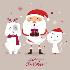 Christmas greeting card with Santa Claus,Cat and Dog.