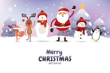 Fototapeta na wymiar Christmas card with Santa Claus,Polar Bear,snowman,reindeer,fox and Penguin.