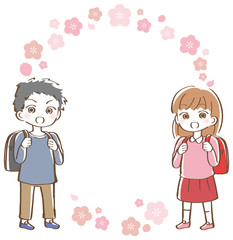 桜　ランドセル　女の子と男の子　イラスト
