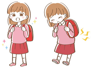 腰痛　ランドセルが重い　ランドセルを背負う　女の子イラストセット