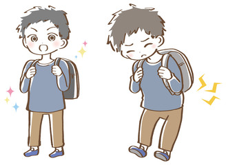 腰痛　ランドセルが重い　ランドセルを背負う　男の子イラストセット