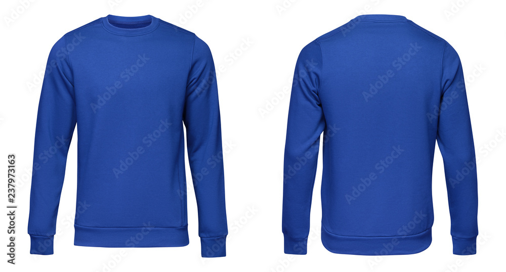 Poster Blank template mens blue sweatshirt long sleeve, front and back view, isolated on white background. Design pullover mockup for print