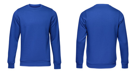 Blank template mens blue sweatshirt long sleeve, front and back view, isolated on white background....