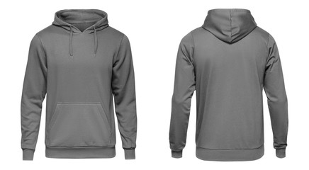 Blank grey male hooded sweatshirt long sleeve, mens hoody with hood for your design mockup for print, isolated on white background. Template sport winter clothes - 237973164