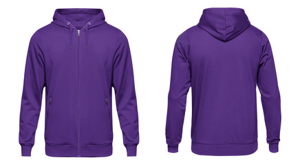Blank violet male hoodie sweatshirt long sleeve, mens hoody with zipped for your design mockup for print, isolated on white background. Template sport winter clothes © Dzha