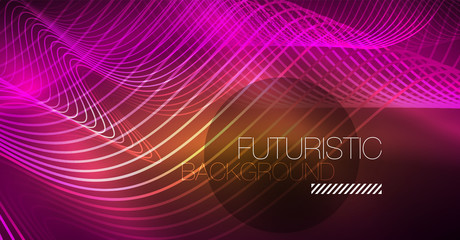 Abstract shiny glowinng color wave design element on dark background - science or technology concept