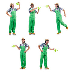 Young cheerful gardener with watering can isolated on white