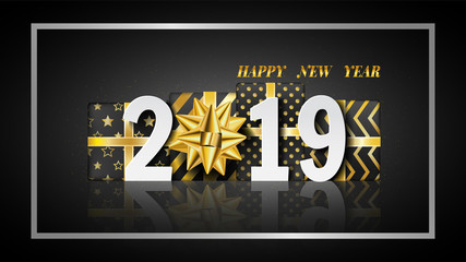 Fototapeta na wymiar Happy New Year 2019 background with gold gift box, vector Illustration.