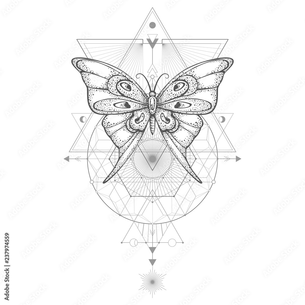 Wall mural vector illustration with hand drawn butterfly and sacred geometric symbol on white background. abstr