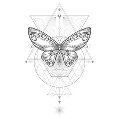 Vector illustration with hand drawn butterfly and Sacred geometric symbol on white background. Abstract mystic sign.