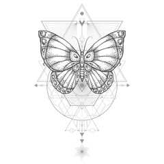 Vector illustration with hand drawn butterfly and Sacred geometric symbol on white background. Abstract mystic sign.