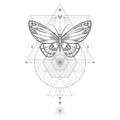 Vector illustration with hand drawn butterfly and Sacred geometric symbol on white background. Abstract mystic sign.