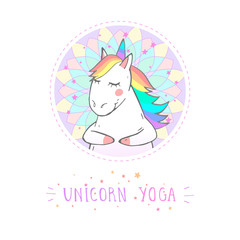 Vector sticker or icon with hand drawn cute unicorn, stars and text - UNICORN YOGA on withe background.