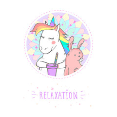 Vector sticker or icon with hand drawn cute unicorn, toy rabbit, coffee and text - RELAXATION on withe background.