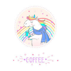 Vector sticker or icon with hand drawn cute unicorn in scarf and text -  COFFEE  on withe background.