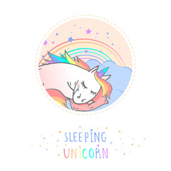 Vector sticker or icon with hand drawn sleeping unicorn, pillow and text - SLEEPING UNICORN on withe background.