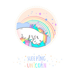 Vector sticker or icon with hand drawn sleeping unicorn, coffee and text - SLEEPING UNICORN on withe background.