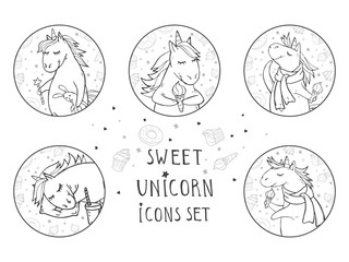 Vector set of black icons with hand drawn cute unicorns. Text - SWEET on withe background.