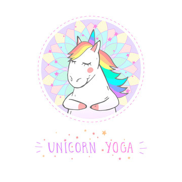 Fototapeta Vector sticker or icon with hand drawn cute unicorn, stars and text - UNICORN YOGA on withe background.