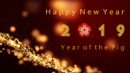 Naklejka premium Abstract black background with digital waves of bright yellow gold plum particle grid aligned with the Chinese New Year 2019.