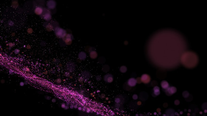 black digital abstract background with wave orange, pink, purple particles, glow sparkles and space with depth of field. Particles form lines, surface and grid.