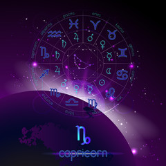 Vector illustration of sign and constellation CAPRICORN and Horoscope circle with astrology pictograms against the space background.