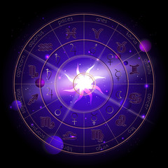 Vector illustration of Horoscope circle, Zodiac signs and pictograms astrology planets against the space background.