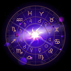 Vector illustration of Horoscope circle, Zodiac signs and pictograms astrology planets against the space background.