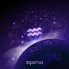 Vector illustration of 3D sign and constellation AQUARIUS with Horoscope circle in perspective against the space background.