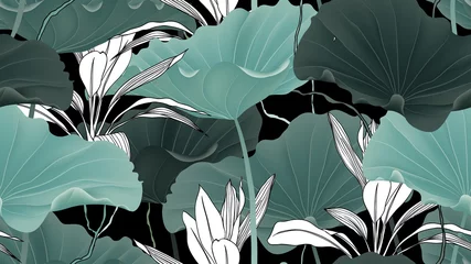 Fototapeten Botanical seamless pattern, lotus leaves, plants and vines on black background © momosama