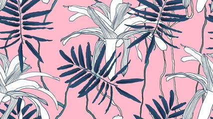 Fototapeten Botanical seamless pattern, blue leaves, Bromeliaceae plant and vines on pink background, blue and pink tones © momosama