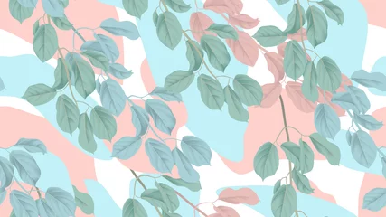 Muurstickers Botanisch naadloos patroon, groene, blauwe en roze bladeren met abstracte vormen op witte achtergrond © momosama