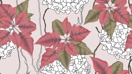 Fotobehang Botanical seamless pattern, red and green Poinsettia plant, flowers and vines on light red background © momosama