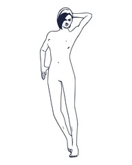 Beautiful sexy fitness girl. Pretty naked woman. Front view. Thin line style art.