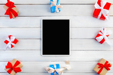 vertical tablet with blank black screen top view