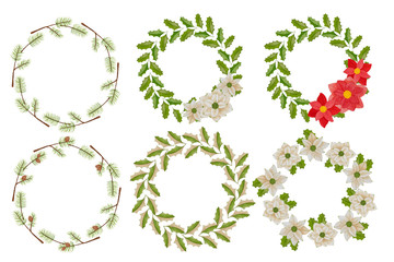 watercolor christmas and new year decoration floral round wreath isolated on white background. Hand drawn decoration laurel element set. Good for xmas design.