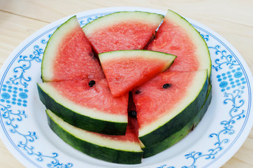 Close up of sliced watermelon on dish backgrounds