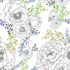 seamless watercolor background mix colorful floral flower and leaves with line art used for...