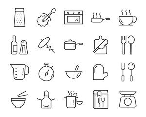 set of cooking icons, such as plate, kitchenware, spoon, oven, microwave, pot