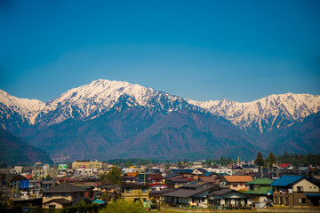 Japan Alps from Nagano side in Japan. Japan Alps is located between Nagano and Toyama prefectures.