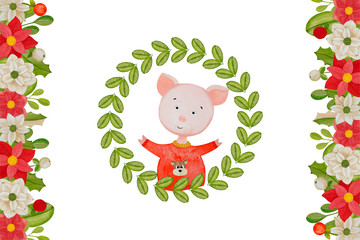 ittle pig in a Christmas wreath