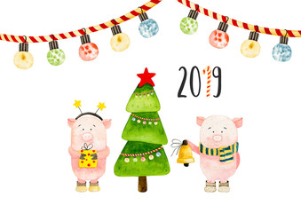 garland, pig, Christmas tree isolated on white background. Watercolor card