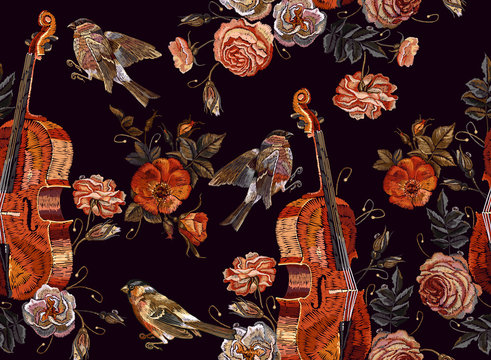Embroidery violin, birds and wild roses flowers pattern. Fashion music art, template for clothes, t-shirt design