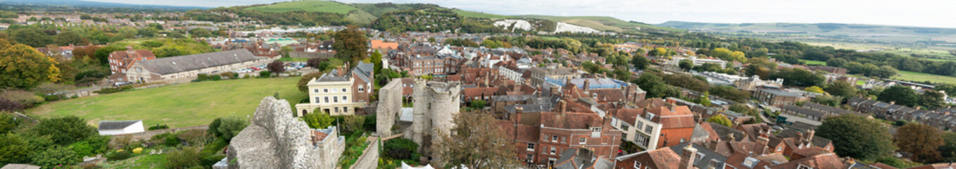 Fototapeta na wymiar England landscape panorama of Lewes Castle, East Sussex county town in topview. The old vintage historical for visit, travel, learn and sightseeing.