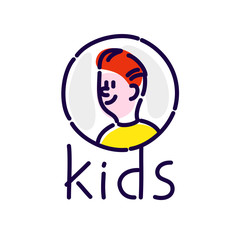 Illustration of the character of a young man and Kids logo.  Flat outline style. Illustration for poster, print and website. Logo, mascot for the company. Cartoon redhead boy in a yellow t-shirt.