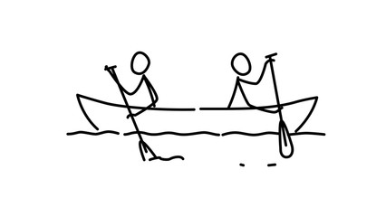 Illustration of two men in a boat.  Each team in their own way. Conflict of interest. Metaphor. Contour picture. Leader race. Ambitions bosses. - obrazy, fototapety, plakaty