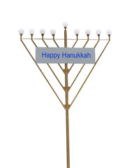 Hanukkah menora iron symbol with bulbs isolated on white background. December jewish holiday concept.