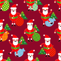 Seamless Christmas pattern with fun Santa Claus. A variety of emotions. Vector illustration on red background. Can be used for wallpaper, textile, invitation card, wrapping, web page background.