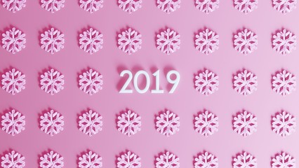 New year or Christmas 3d background with 2019 and snowflakes on pink backgound. Minimalist Christmas concept.