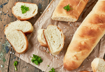 Sliced french baguette. Traditional fresh bread for breakfast